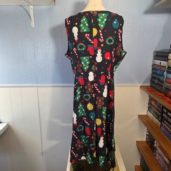 2XL Black Sleeveless Midi Holiday Christmas Tree Snowmen Print Dress - Picture 6 of 11